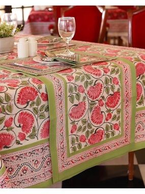 🆕Handmade Indian Block Print Floral Green & Pink Lotus Cotton Tablecloth 135x72